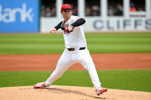 CLEVELAND, OHIO - JUNE 01: Gavin Williams #32 of the Cleveland Guardians throws a pitch during the first inning against the Los Angeles Angels at Progressive Field on June 01, 2025 in Cleveland, Ohio.