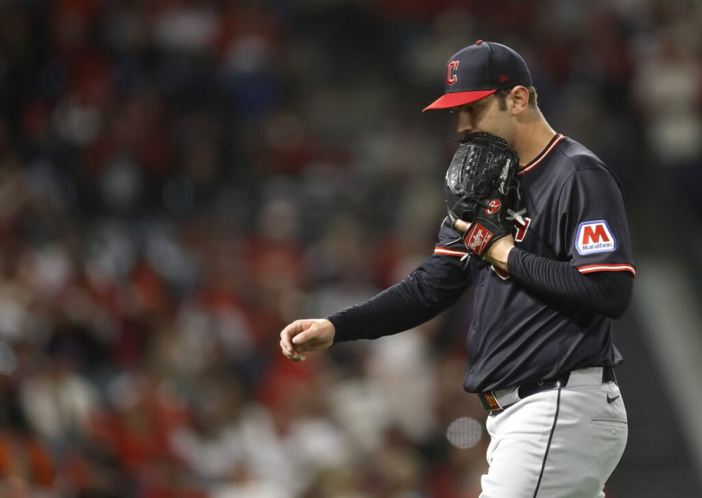 ANAHEIM, CALIFORNIA - APRIL 04: Gavin Williams #32 of the Cleveland Guardians walks to the dugout after the third out against the Los Angeles Angels in the third inning at Angel Stadium of Anaheim on April 04, 2025 in Anaheim, California.