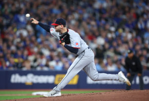 TORONTO, ON - APRIL 24: Gavin Williams #32 of the Cleveland Guardians pitches in the first inning during the game against the Toronto Blue Jays at Rogers Centre on April 24, 2025 in Toronto, Ontario, Canada.