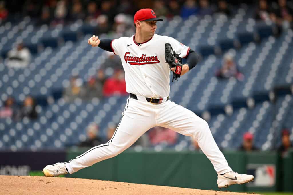 CLEVELAND, OHIO - APRIL 29: Gavin Williams #32 of the Cleveland Guardians throws a pitch during the first inning against the Tampa Bay Rays at Progressive Field on April 29, 2026 in Cleveland, Ohio.