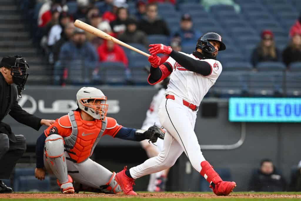 CLEVELAND, OHIO - APRIL 20: George Valera #7 of the Cleveland Guardians hits an RBI single during the third inning against the Houston Astros at Progressive Field on April 20, 2026 in Cleveland, Ohio. (