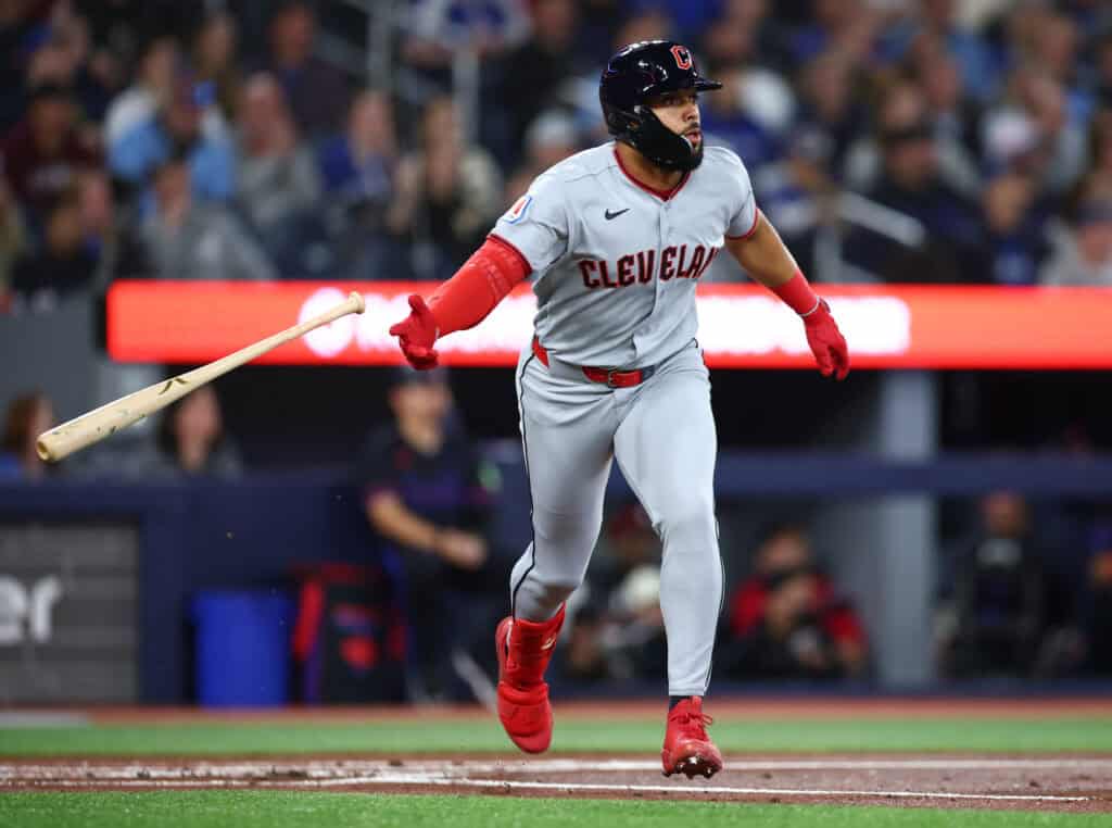 TORONTO, ON - APRIL 24: George Valera #7 of the Cleveland Guardians hits a 2-run home run in the first inning during a game against the Toronto Blue Jays at Rogers Centre on April 24, 2025 in Toronto, Ontario, Canada.