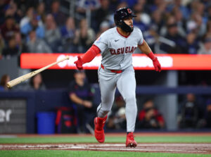 TORONTO, ON - APRIL 24: George Valera #7 of the Cleveland Guardians hits a 2-run home run in the first inning during a game against the Toronto Blue Jays at Rogers Centre on April 24, 2025 in Toronto, Ontario, Canada.