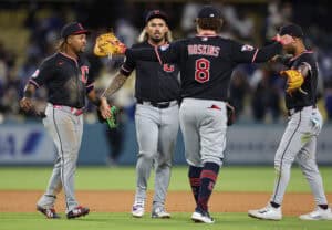 LOS ANGELES, CALIFORNIA - APRIL 01: The Cleveland Guardians celebrate a 4-1 win against the Los Angeles Dodgers at Dodger Stadium on April 01, 2026 in Los Angeles, California.