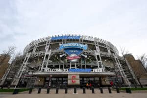 CLEVELAND, OHIO - APRIL 04: A general exterior view of the Progressive Field on April 04, 2026 in Cleveland, Ohio. The game between the Chicago Cubs and the Cleveland Guardians was postponed due to rain.