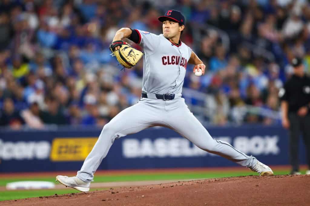 TORONTO, CANADA - APRIL 25: Joey Cantillo #54 of the Cleveland Guardians pitches during first inning of their MLB game against the Toronto Blue Jays at Rogers Centre on April 25, 2026 in Toronto, Ontario, Canada.