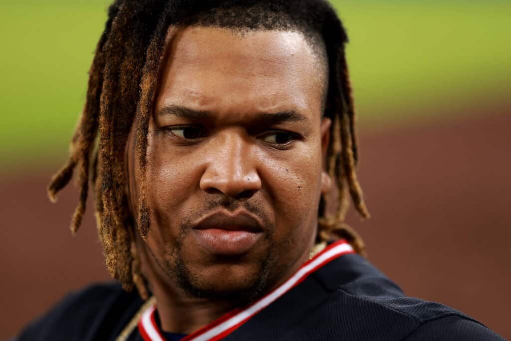 LOS ANGELES, CALIFORNIA - MARCH 30: José Ramírez #11 of the Cleveland Guardians looks on against the Los Angeles Dodgers at Dodger Stadium on March 30, 2026 in Los Angeles, California.