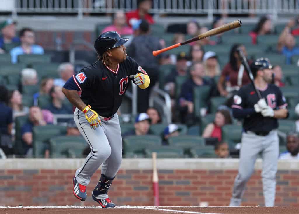 ATLANTA, GEORGIA - APRIL 11: José Ramírez #11 of the Cleveland Guardians hits a solo homer in the first inning against the Atlanta Braves at Truist Park on April 11, 2026 in Atlanta, Georgia.