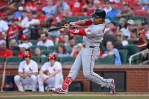 ST LOUIS, MISSOURI - APRIL 14: José Ramírez #11 of the Cleveland Guardians hits a solo home run against the St. Louis Cardinals in the first inning at Busch Stadium on April 14, 2026 in St Louis, Missouri.