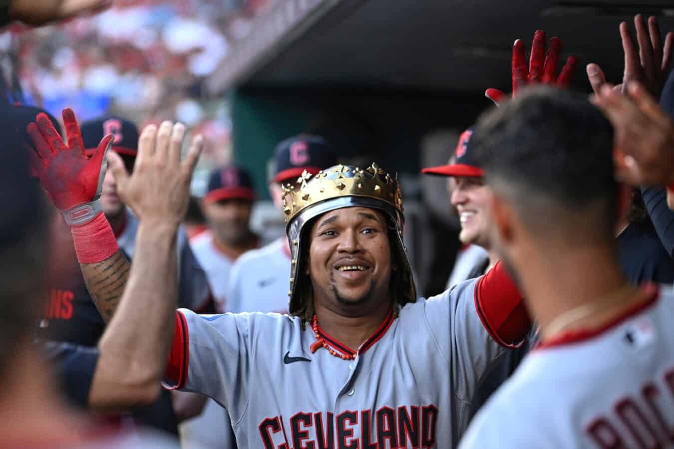 ST LOUIS, MISSOURI - APRIL 14: José Ramírez #11 of the Cleveland Guardians is congratulated after hitting a solo home run against the St. Louis Cardinals in the first inning at Busch Stadium on April 14, 2026 in St Louis, Missouri