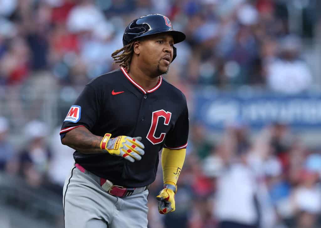 ATLANTA, GEORGIA - APRIL 11: José Ramírez #11 of the Cleveland Guardians rounds first base after hitting a solo homer in the first inning against the Atlanta Braves at Truist Park on April 11, 2026 in Atlanta, Georgia.