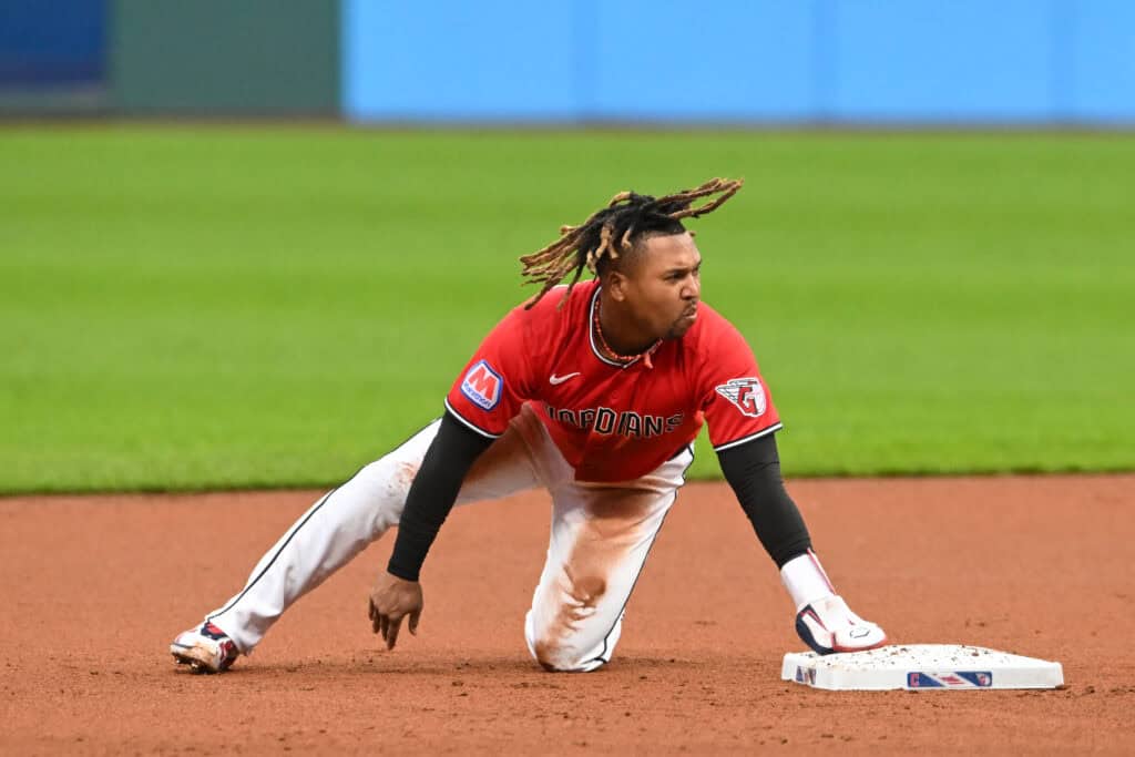CLEVELAND, OHIO - APRIL 18: José Ramírez #11 of the Cleveland Guardians steals second base during the first inning against the Baltimore Orioles at Progressive Field on April 18, 2026 in Cleveland, Ohio.