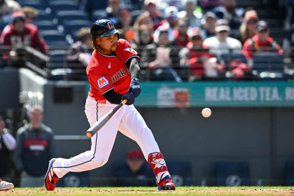 CLEVELAND, OHIO - APRIL 19: José Ramírez #11 of the Cleveland Guardians hits a solo home run during the fifth inning against the Baltimore Orioles at Progressive Field on April 19, 2026 in Cleveland, Ohio.