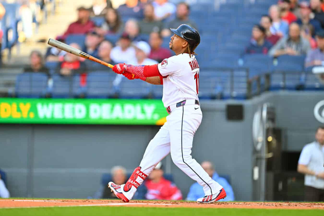 CLEVELAND, OHIO - APRIL 16: José Ramírez #11 of the Cleveland Guardians watches a two-run homer during the first inning against the Baltimore Orioles at Progressive Field on April 16, 2026 in Cleveland, Ohio.