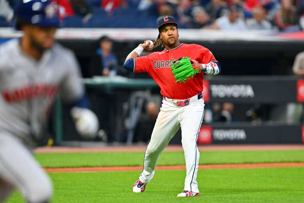 CLEVELAND, OHIO - APRIL 21: Third baseman José Ramírez #11 of the Cleveland Guardians throws out Brice Matthews #0 of the Houston Astros at first base on a sacrifice bunt during the seventh inning at Progressive Field on April 21, 2026 in Cleveland, Ohio.