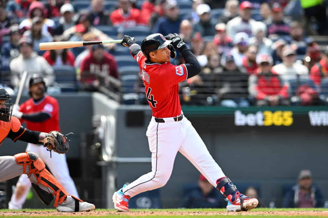 CLEVELAND, OHIO - APRIL 19: Juan Brito #34 of the Cleveland Guardians hits a two-run double during the fourth inning against the Baltimore Orioles at Progressive Field on April 19, 2026 in Cleveland, Ohio.