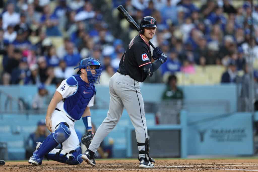 LOS ANGELES, CALIFORNIA - APRIL 01: Kyle Manzardo #9 of the Cleveland Guardians at bat against the Los Angeles Dodgers at Dodger Stadium on April 01, 2026 in Los Angeles, California.