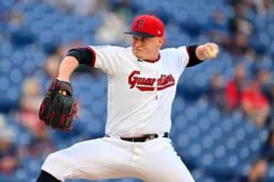CLEVELAND, OHIO - APRIL 16: Starter Parker Messick #77 of the Cleveland Guardians pitches during the first inning against the Baltimore Orioles at Progressive Field on April 16, 2026 in Cleveland, Ohio.