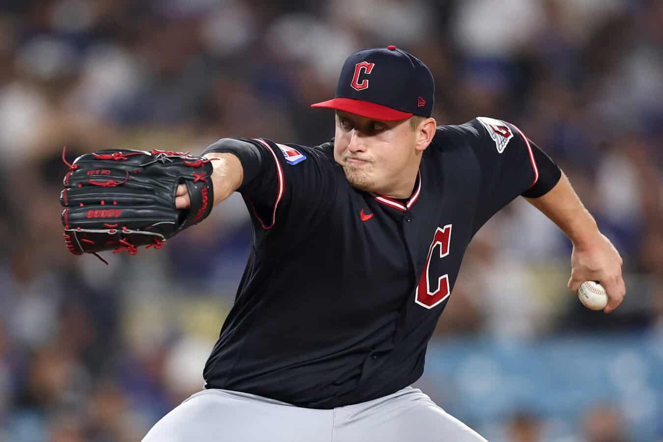 LOS ANGELES, CALIFORNIA - MARCH 30: Parker Messick #77 of the Cleveland Guardians pitches against the Los Angeles Dodgers at Dodger Stadium on March 30, 2026 in Los Angeles, California.