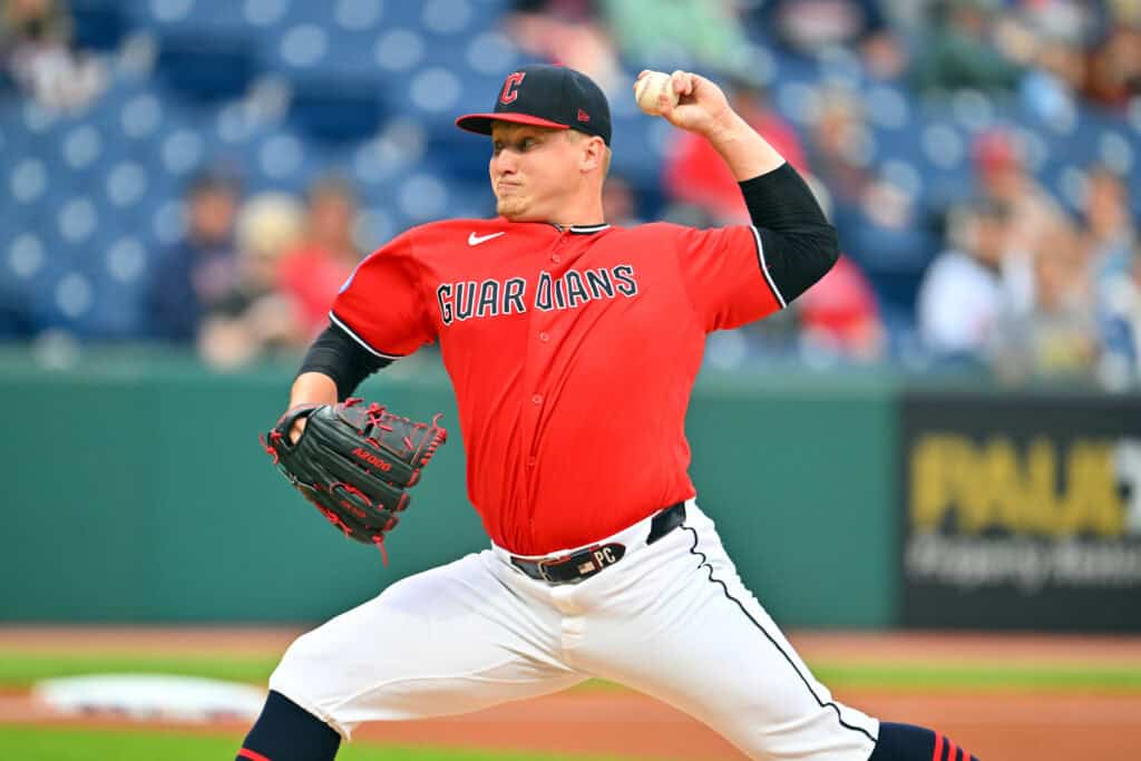 CLEVELAND, OHIO - APRIL 21: Starter Parker Messick #77 of the Cleveland Guardians pitches during the first inning against the Houston Astros at Progressive Field on April 21, 2026 in Cleveland, Ohio.