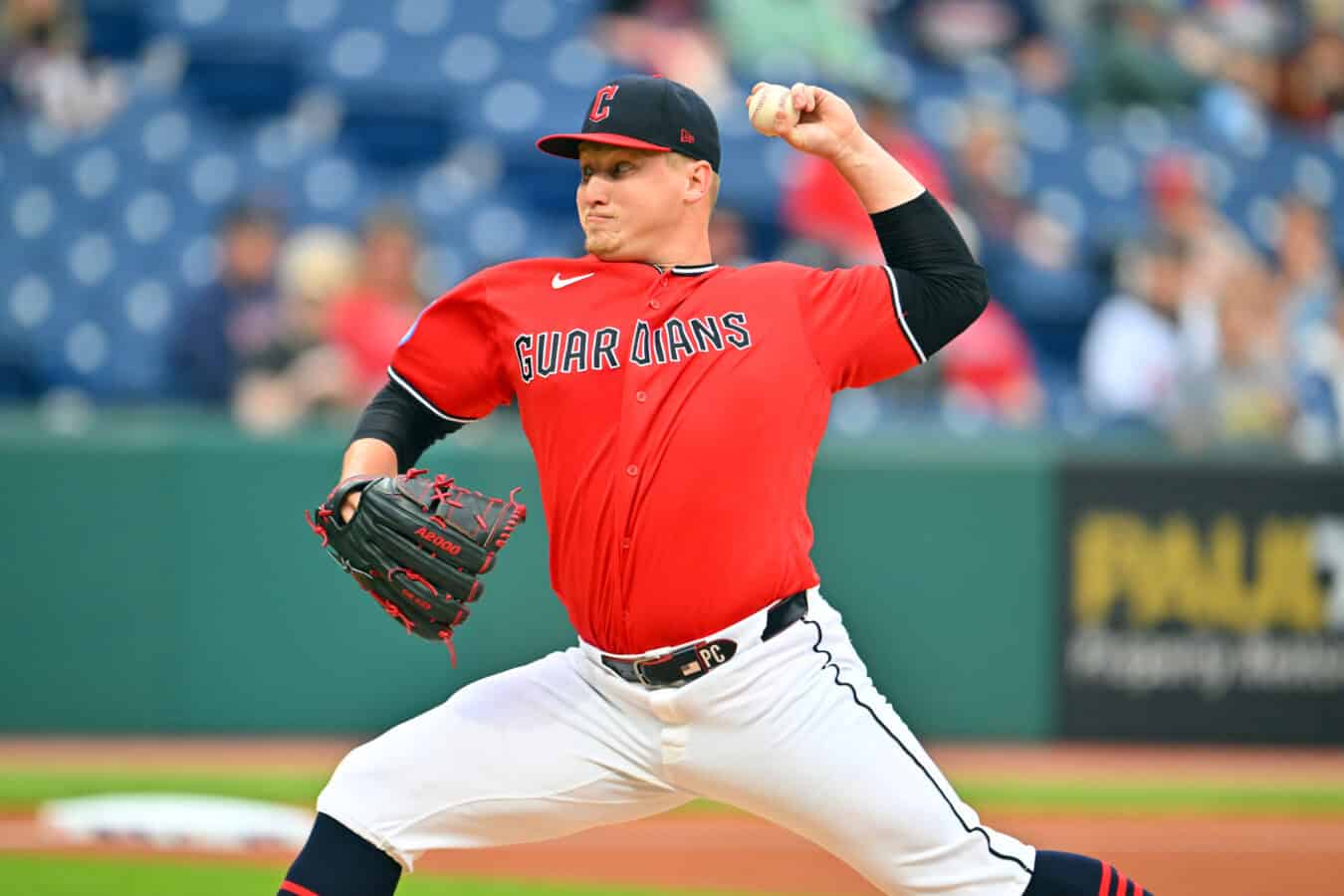 CLEVELAND, OHIO - APRIL 21: Starter Parker Messick #77 of the Cleveland Guardians pitches during the first inning against the Houston Astros at Progressive Field on April 21, 2026 in Cleveland, Ohio.