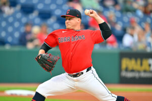 CLEVELAND, OHIO - APRIL 21: Starter Parker Messick #77 of the Cleveland Guardians pitches during the first inning against the Houston Astros at Progressive Field on April 21, 2026 in Cleveland, Ohio.