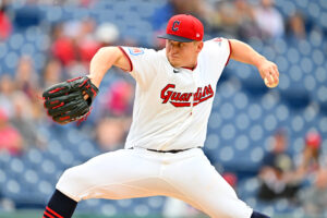 CLEVELAND, OHIO - APRIL 27: Starting pitcher Parker Messick #77 of the Cleveland Guardians pitches during the first inning against the Toronto Raptors at Progressive Field on April 27, 2026 in Cleveland, Ohio.