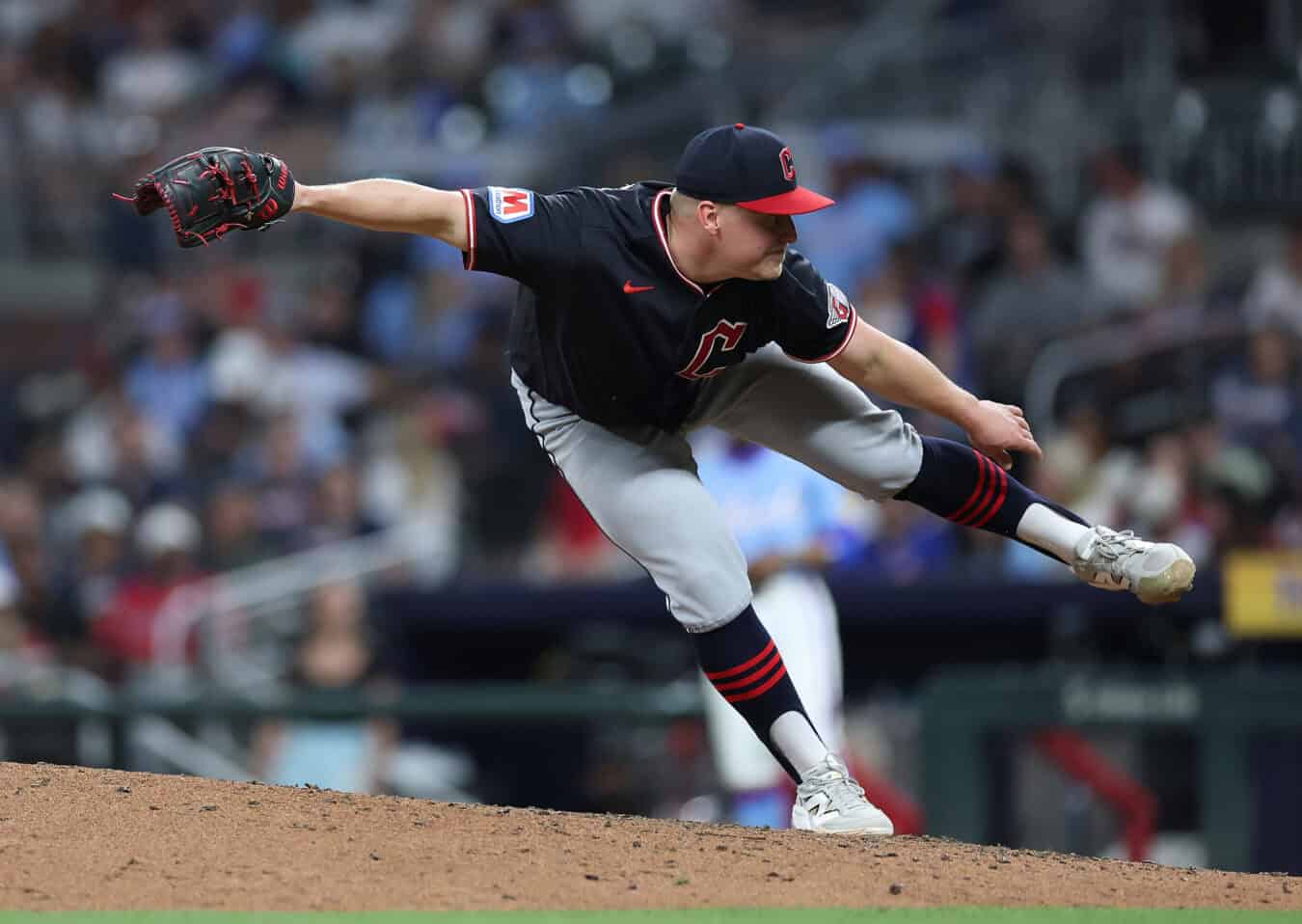 ATLANTA, GEORGIA - APRIL 11: Parker Messick #77 of the Cleveland Guardians pitches in the seventh inning against the Atlanta Braves at Truist Park on April 11, 2026 in Atlanta, Georgia.