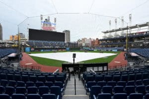 CLEVELAND, OHIO - APRIL 04: Fans wait to enter the stadium before the home opener between the Cleveland Guardians and the Chicago Cubs at Progressive Field on April 04, 2026 in Cleveland, Ohio.