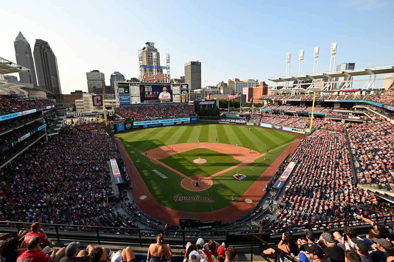 CLEVELAND, OHIO - AUGUST 2: A general view of the field in the sixth inning during the game between the Cleveland Guardians and the Minnesota Twins at Progressive Field on August 2, 2025 in Cleveland, Ohio.