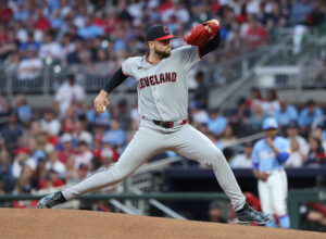 ATLANTA, GEORGIA - APRIL 10: Slade Cecconi #44 of the Cleveland Guardians pitches against the Atlanta Braves during the third inning at Truist Park on April 10, 2026 in Atlanta, Georgia.