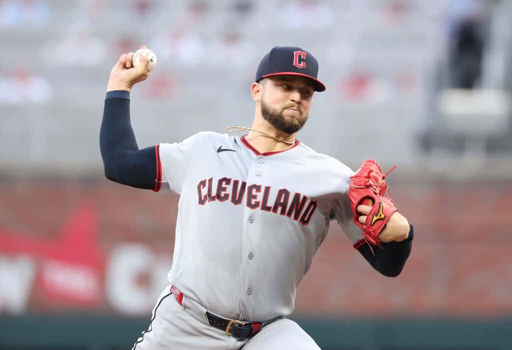 ATLANTA, GEORGIA - APRIL 10: Slade Cecconi #44 of the Cleveland Guardians pitches against the Atlanta Braves during the first inning at Truist Park on April 10, 2026 in Atlanta, Georgia.
