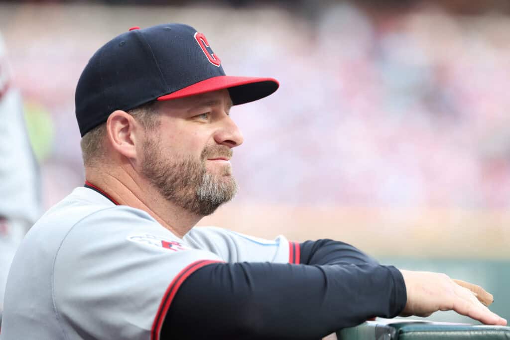 ATLANTA, GEORGIA - APRIL 10: Manager Stephen Vogt #12 of the Cleveland Guardians looks on during the first inning against the Atlanta Braves at Truist Park on April 10, 2026 in Atlanta, Georgia.