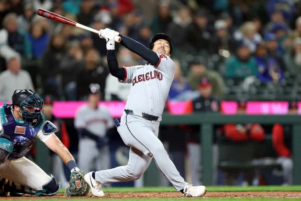 SEATTLE, WASHINGTON - MARCH 26: Steven Kwan #38 of the Cleveland Guardians strikes out during the eighth inning against the Seattle Mariners at T-Mobile Park on March 26, 2026 in Seattle, Washington.