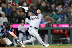 SEATTLE, WASHINGTON - MARCH 26: Steven Kwan #38 of the Cleveland Guardians strikes out during the eighth inning against the Seattle Mariners at T-Mobile Park on March 26, 2026 in Seattle, Washington.