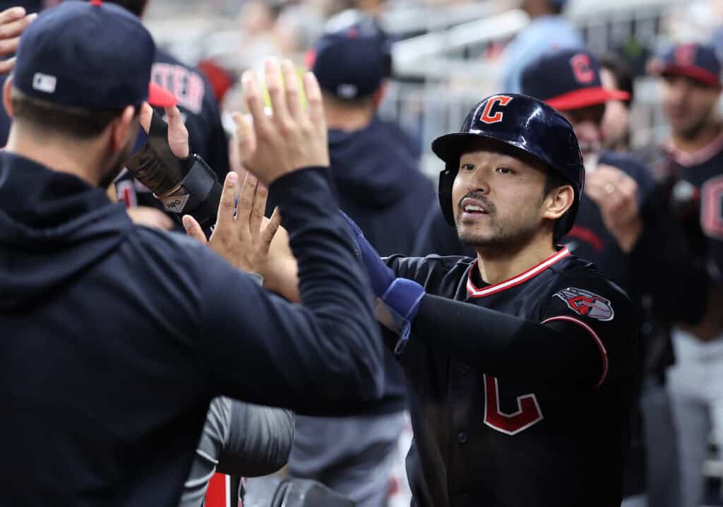 ATLANTA, GEORGIA - APRIL 11: Steven Kwan #38 of the Cleveland Guardians reacts after scoring on a wild pitch by Osvaldo Bido #70 and a throwing error by Jonah Heim #20 of the Atlanta Braves in the ninth inning at Truist Park on April 11, 2026 in Atlanta, Georgia.