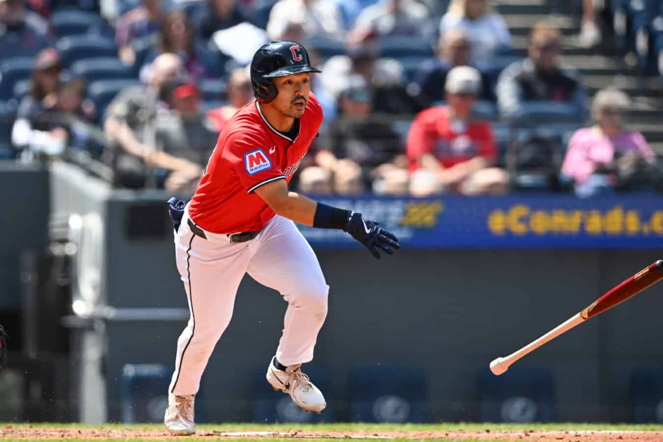 CLEVELAND, OHIO - APRIL 22: Steven Kwan #38 of the Cleveland Guardians runs out a single during the third inning against the Houston Astros at Progressive Field on April 22, 2026 in Cleveland, Ohio.