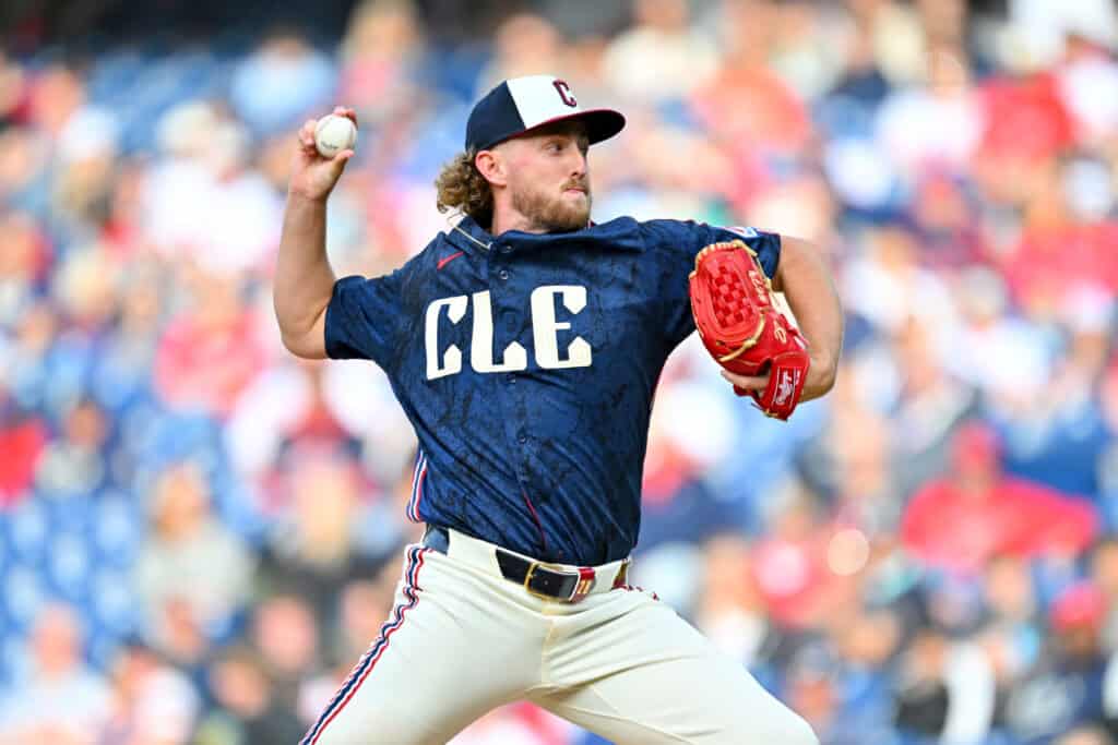 CLEVELAND, OHIO - APRIL 17: Starting pitcher Tanner Bibee #28 of the Cleveland Guardians pitches during the first inning against the Baltimore Orioles at Progressive Field on April 17, 2026 in Cleveland, Ohio.