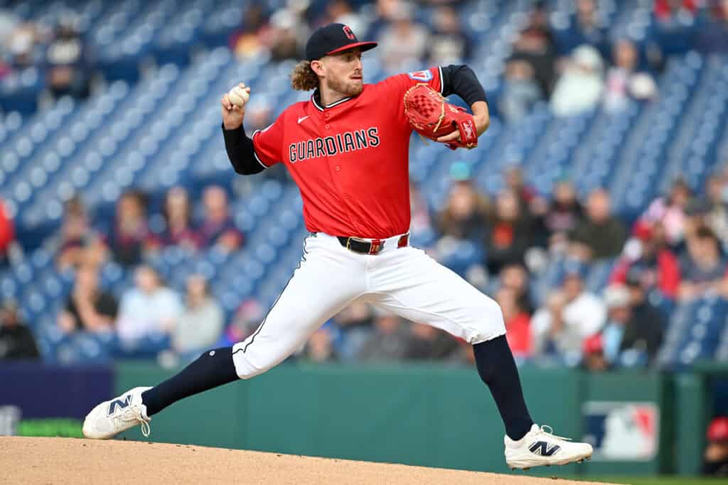CLEVELAND, OHIO - APRIL 28: Tanner Bibee #28 of the Cleveland Guardians throws a pitch during the first inning against the Tampa Bay Rays at Progressive Field on April 28, 2026 in Cleveland, Ohio.