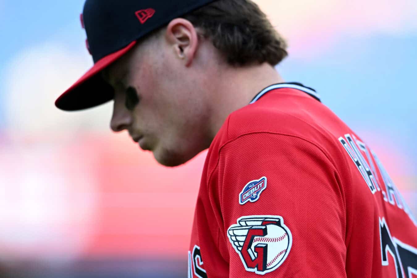 CLEVELAND, OHIO - APRIL 28: A view of the MLB debut patch on the Nike jersey worn by Travis Bazzana #37 of the Cleveland Guardians prior to his Major League debut against the Tampa Bay Rays at Progressive Field on April 28, 2026 in Cleveland, Ohio.