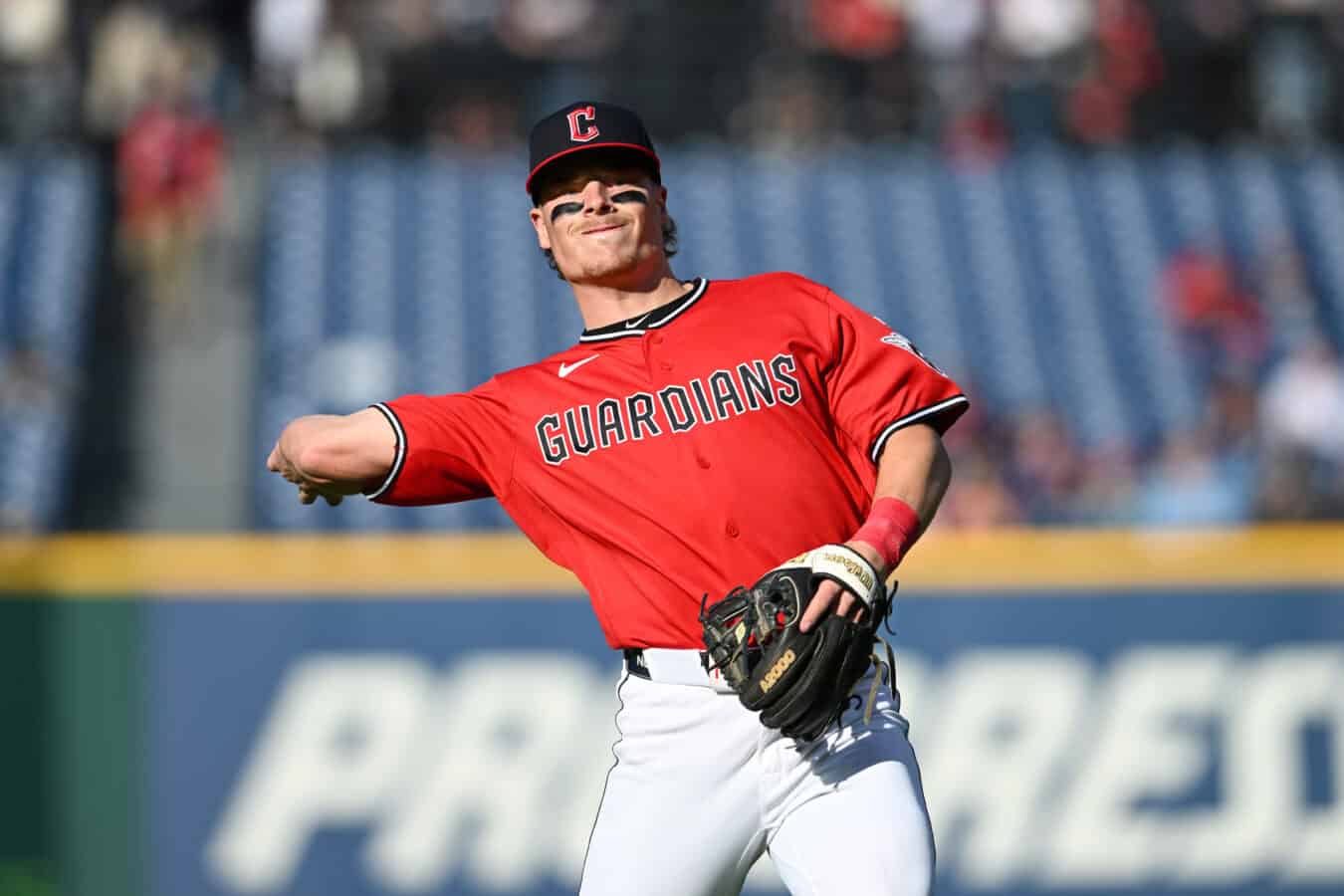 CLEVELAND, OHIO - APRIL 28: Travis Bazzana #37 of the Cleveland Guardians warms up prior to his Major League debut against the Tampa Bay Rays at Progressive Field on April 28, 2026 in Cleveland, Ohio.