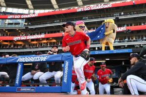 CLEVELAND, OHIO - APRIL 28: Travis Bazzana #37 of the Cleveland Guardians takes the field prior to his Major League debut against the Tampa Bay Rays at Progressive Field on April 28, 2026 in Cleveland, Ohio.