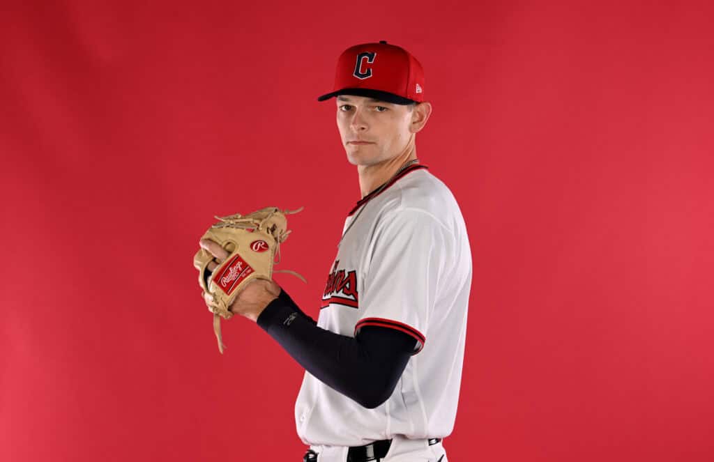 GOODYEAR, ARIZONA - FEBRUARY 19: Codi Heuer #50 of the Cleveland Guardians poses for a portrait during photo day at Goodyear Ballpark on February 19, 2026 in Goodyear, Arizona.