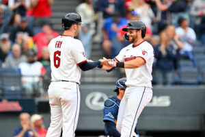 CLEVELAND, OHIO - APRIL 27: David Fry #6 celebrates with Daniel Schneemann #10 of the Cleveland Guardians after both scored on a homer by Schneemann during the fifth inning against the Tampa Bay Rays at Progressive Field on April 27, 2026 in Cleveland, Ohio.