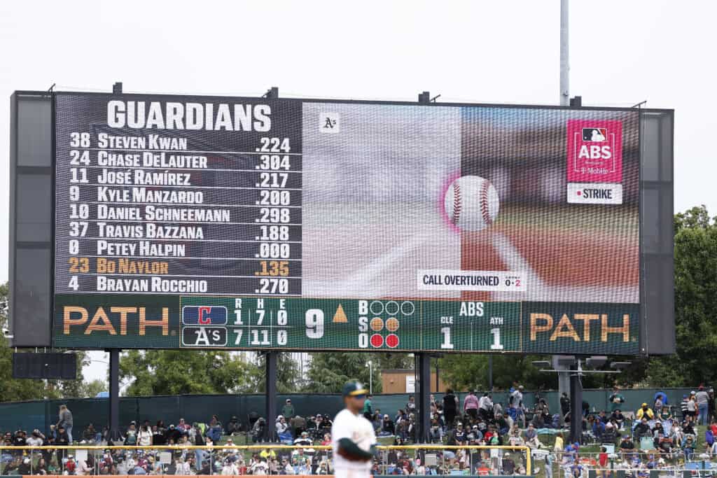 SACRAMENTO, CALIFORNIA - MAY 3: The video board shows the automated ball strike system overturned the call during the ninth inning between the Athletics and Cleveland Guardians at Sutter Health Park on May 3, 2026 in Sacramento, California.