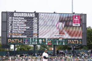 SACRAMENTO, CALIFORNIA - MAY 3: The video board shows the automated ball strike system overturned the call during the ninth inning between the Athletics and Cleveland Guardians at Sutter Health Park on May 3, 2026 in Sacramento, California.
