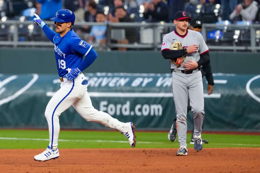 KANSAS CITY, MISSOURI - MAY 05: Michael Massey #19 of the Kansas City Royals runs the bases after hitting a two-run home run against the Cleveland Guardians in the fourth inning at Kauffman Stadium on May 05, 2026 in Kansas City, Missouri.