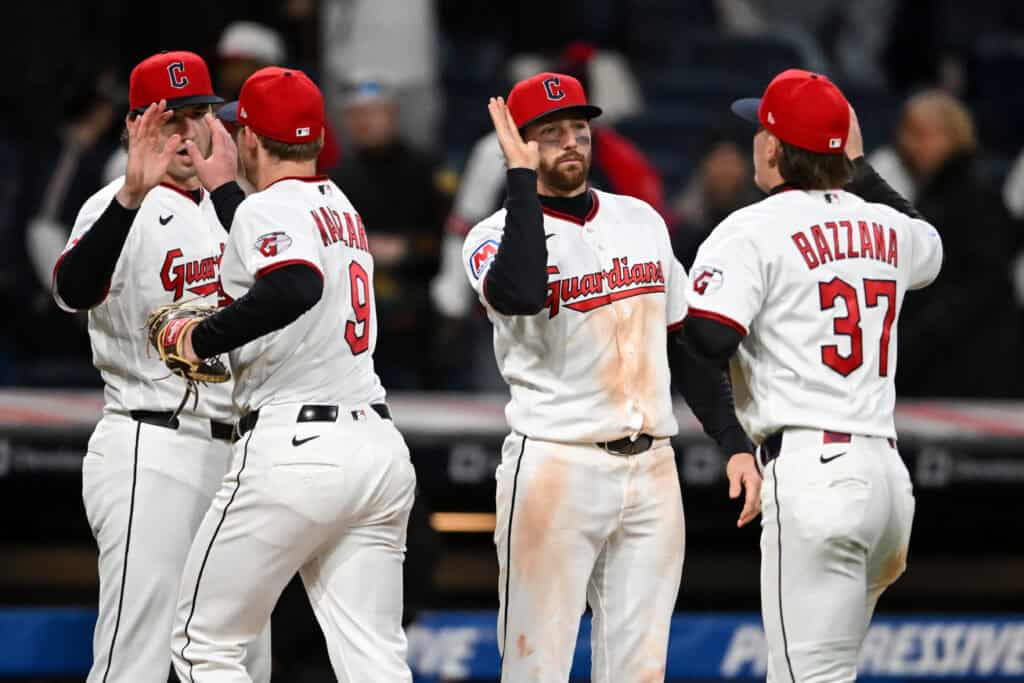 CLEVELAND, OHIO - MAY 11: Daniel Schneemann #10 and Travis Bazzana #37 of the Cleveland Guardians celebrate their team's 7-2 win over the Los Angeles Angels at Progressive Field on May 11, 2026 in Cleveland, Ohio.