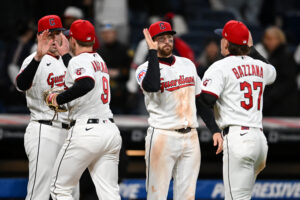 CLEVELAND, OHIO - MAY 11: Daniel Schneemann #10 and Travis Bazzana #37 of the Cleveland Guardians celebrate their team's 7-2 win over the Los Angeles Angels at Progressive Field on May 11, 2026 in Cleveland, Ohio.