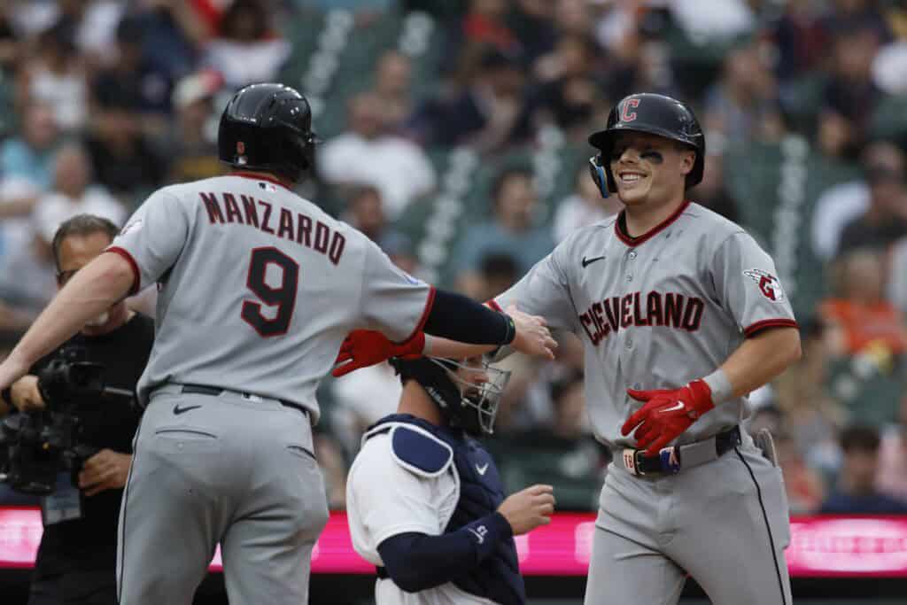 DETROIT, MI - MAY 19: Travis Bazzana #37 of the Cleveland Guardians celebrates with Kyle Manzardo #9 after hitting a two-run home run against the Detroit Tigers during the fourth inning at Comerica Park on May 19, 2026 in Detroit, Michigan.